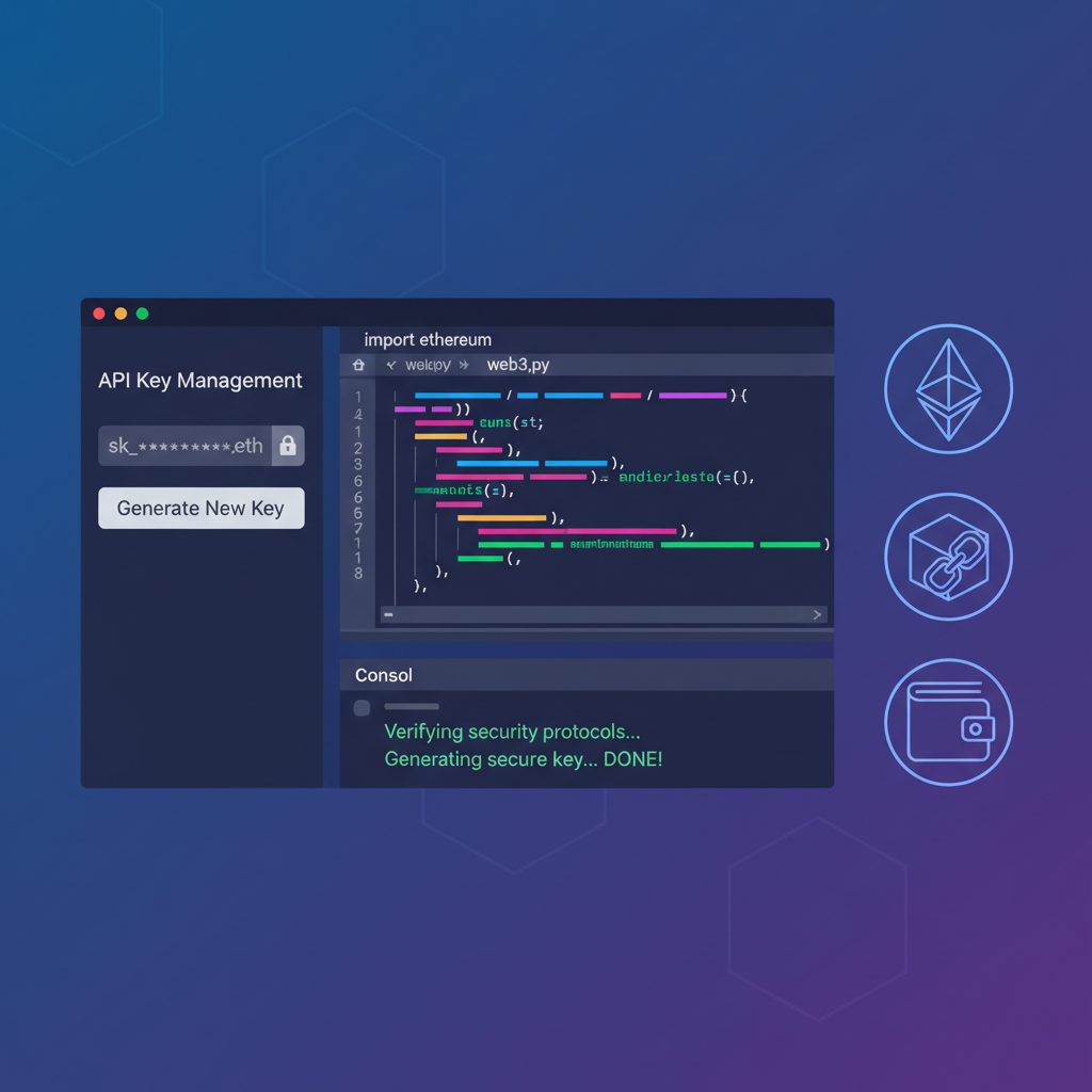 api key generation screen, secure coding interface, ethereum icons, dark mode