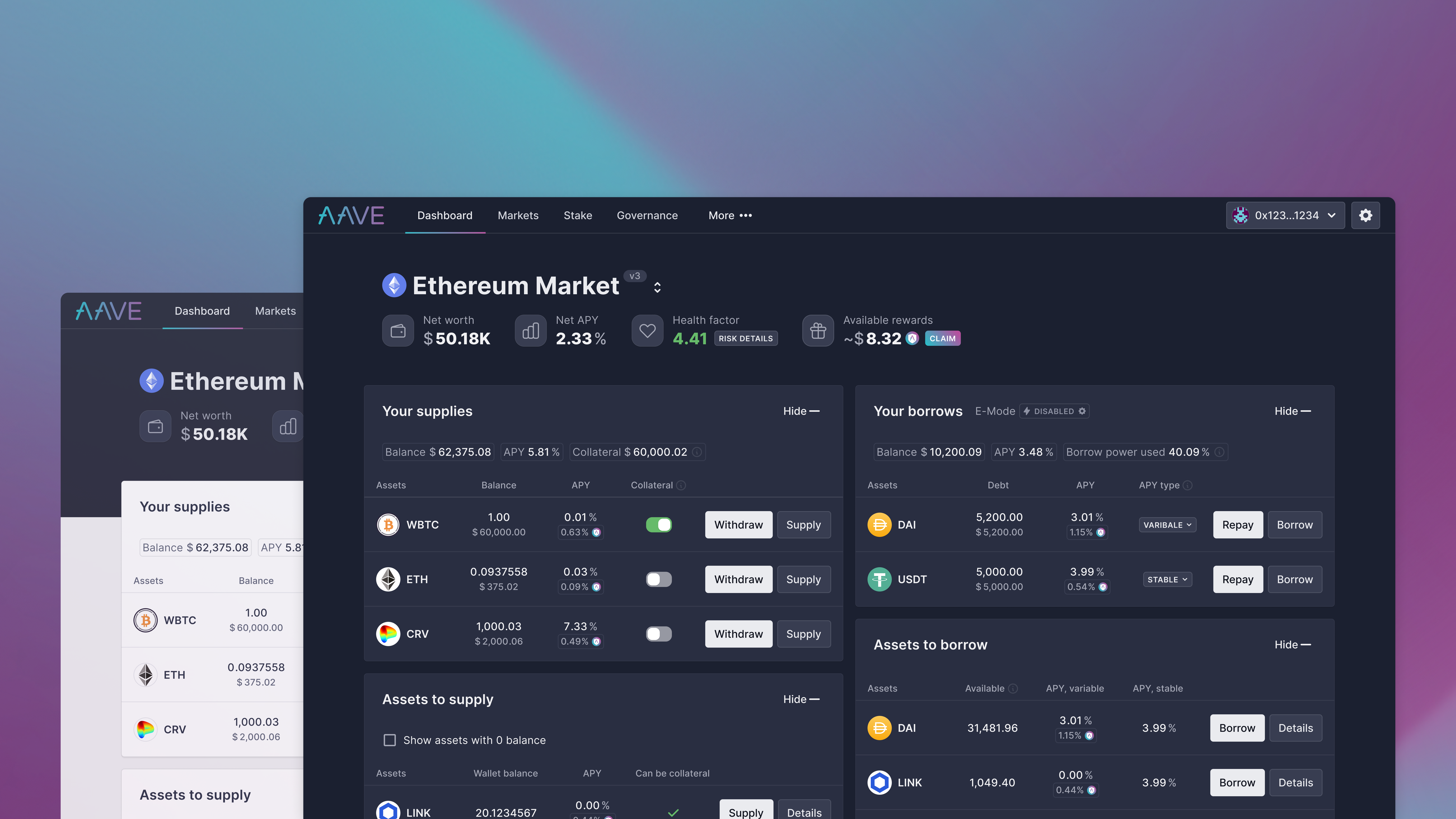 Aave DeFi protocol dashboard
