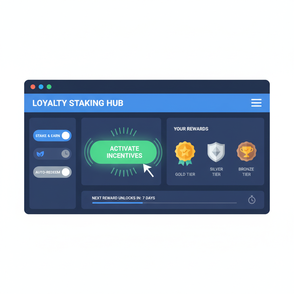 Modern dashboard activating loyalty staking incentives, reward badges and toggles
