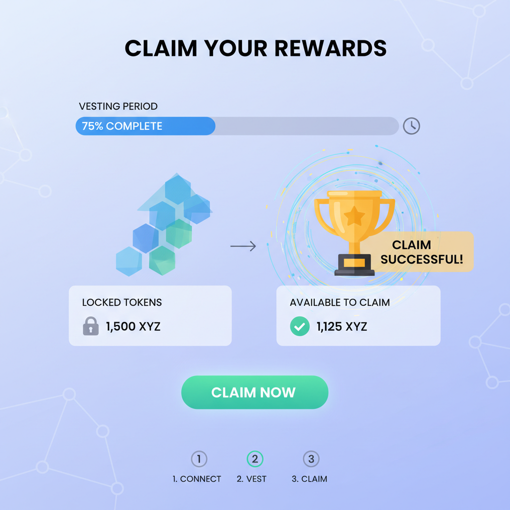 claiming rewards interface, tokens vesting and flowing, success animation