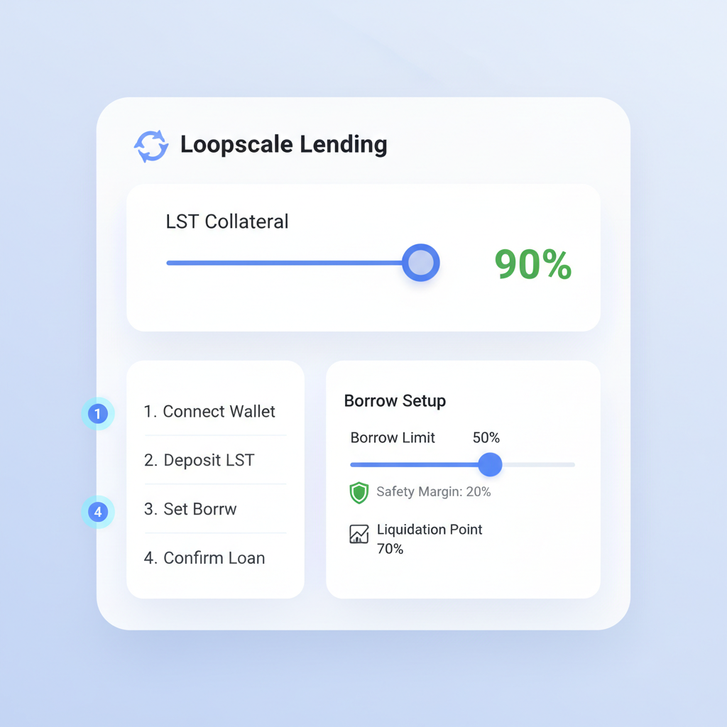 Loopscale lending dashboard, LST collateral slider, conservative borrow setup with safety margins