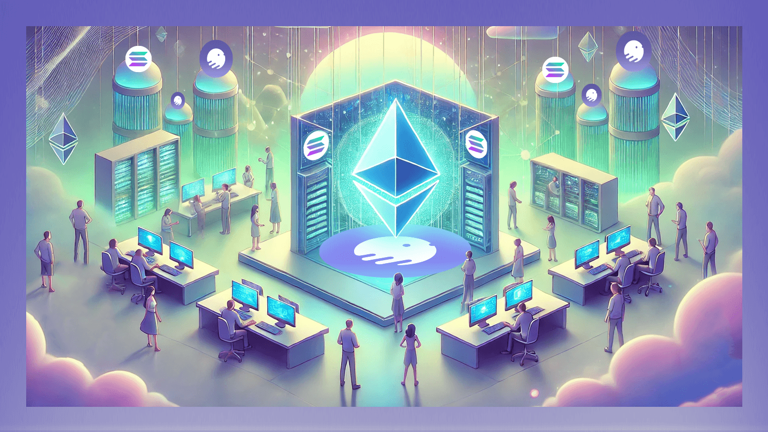 Illustration of interconnected DeFi protocols exchanging universal loyalty tokens on blockchain networks, representing on-chain loyalty staking and rewards in 2025.