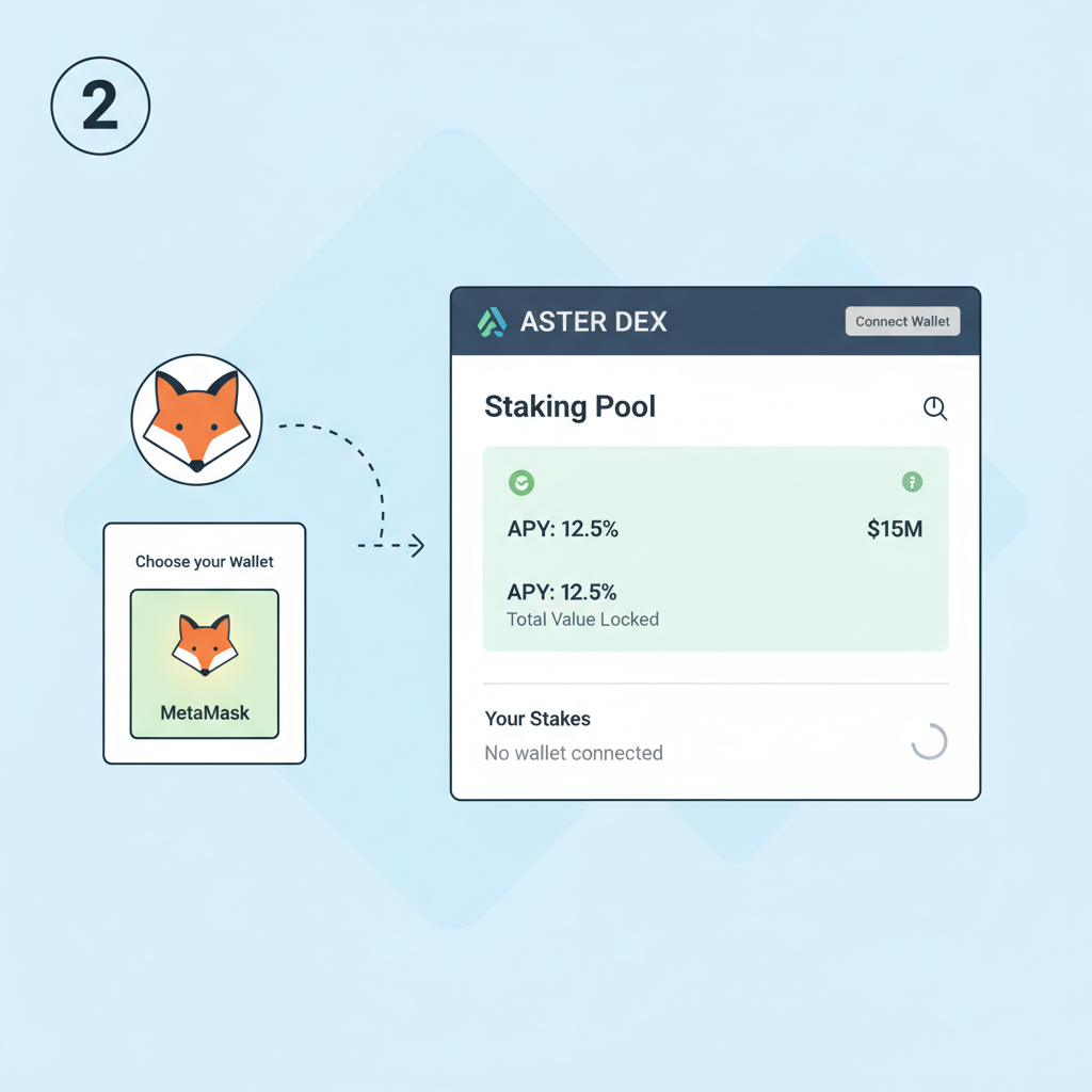 user connecting MetaMask wallet to Aster DEX staking site, simple interface, green connect button glowing