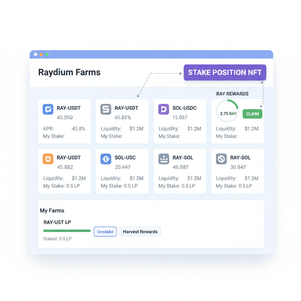 Raydium farms page with stake position NFT button, RAY rewards gauge