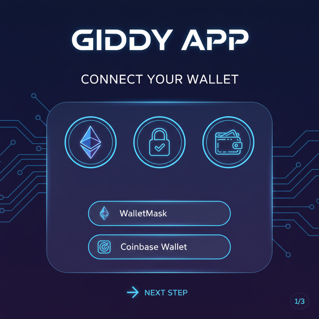 sleek DeFi wallet connection interface on Giddy app, futuristic UI, blue neon accents, Ethereum logo, secure lock icon