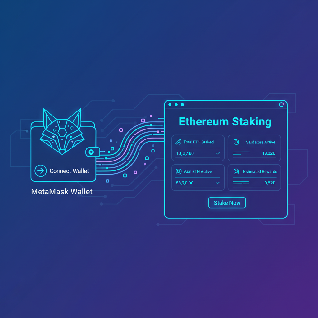 Futuristic MetaMask wallet connecting to Ethereum staking dashboard, neon blue UI, clean design