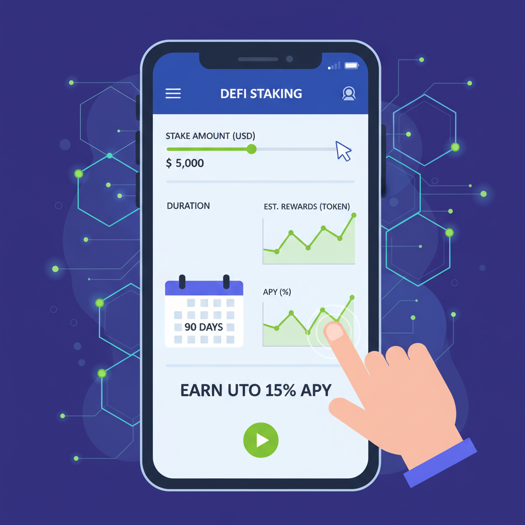 user selecting stake amount slider and duration calendar on DeFi app, charts showing rewards, vibrant blockchain theme