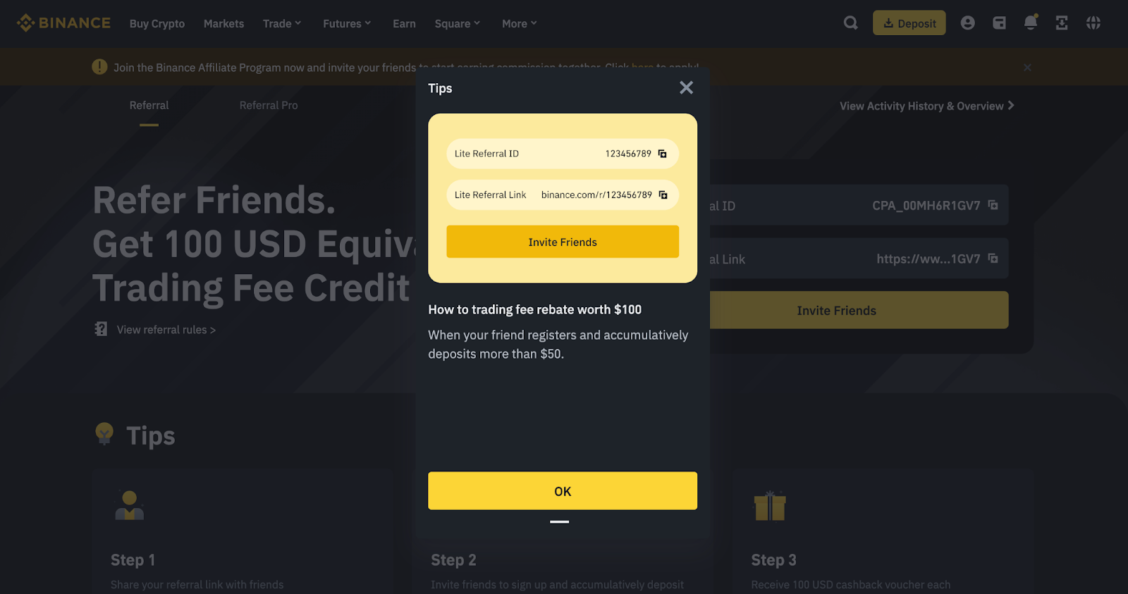 Binance referral program dashboard