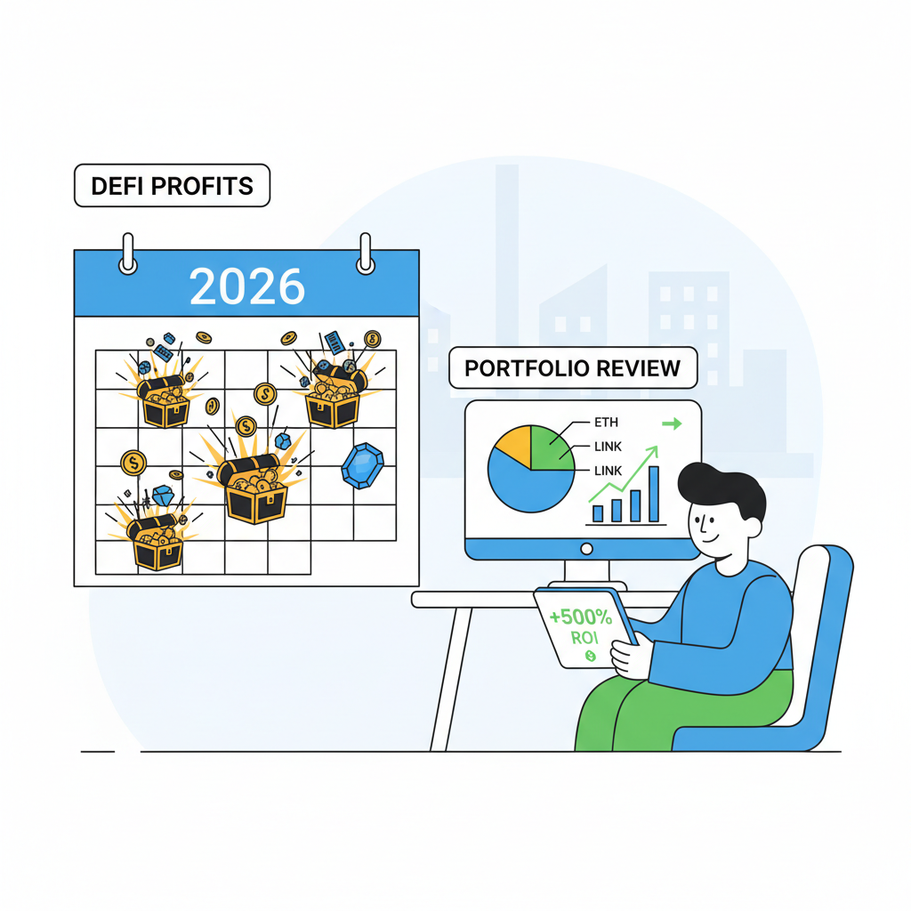 calendar marked 2026 with exploding reward chests, DeFi investor reviewing portfolio gains
