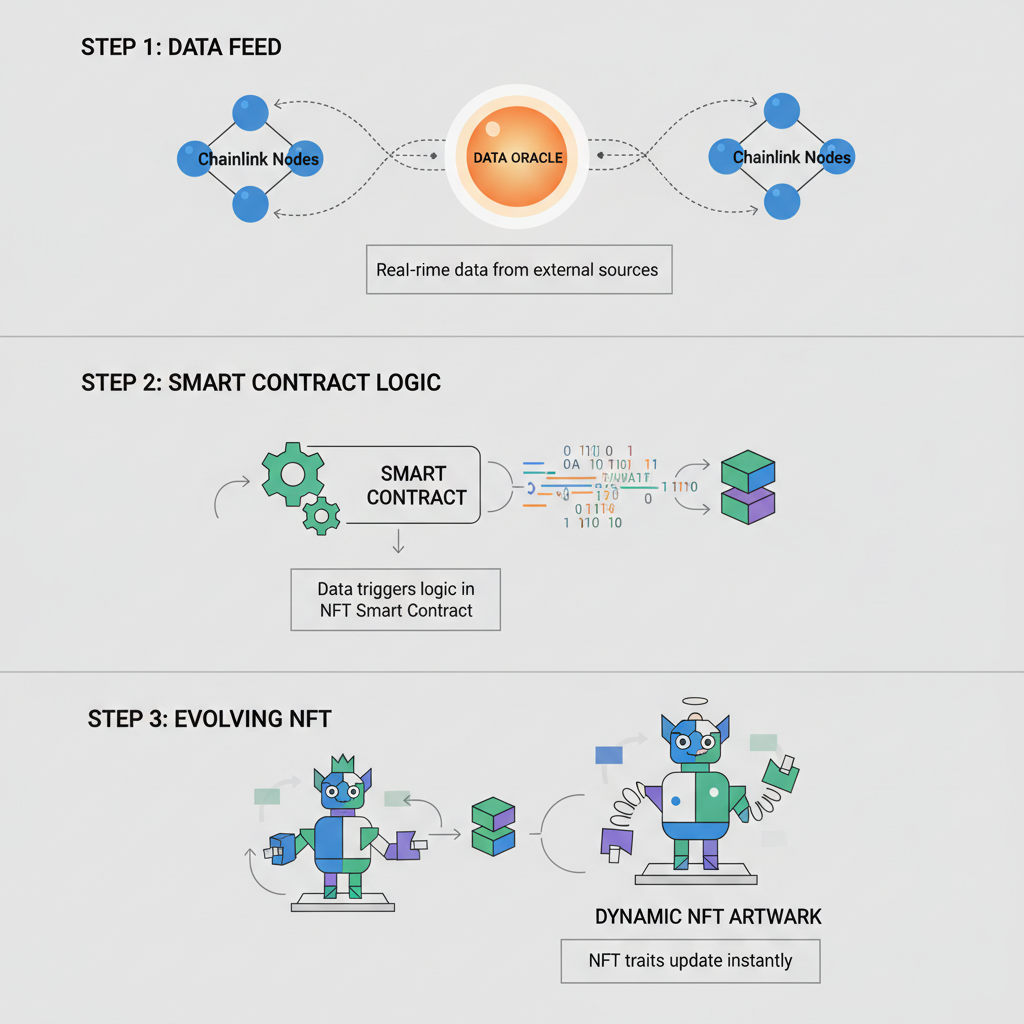 dynamic NFT traits oracle updating, Chainlink nodes feeding data to evolving NFT artwork, traits changing in real-time