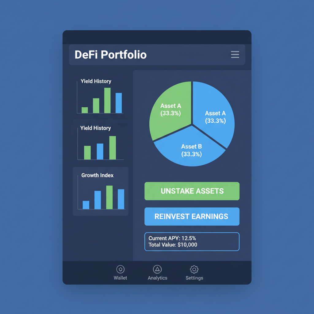DeFi portfolio management screen with unstake and reinvest options, balanced charts