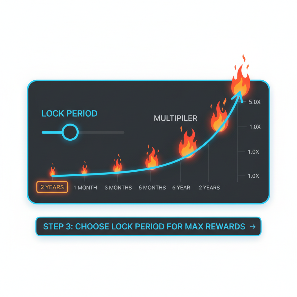 slider for staking lock periods, multiplier graph rising sharply, fiery effects, dark mode UI