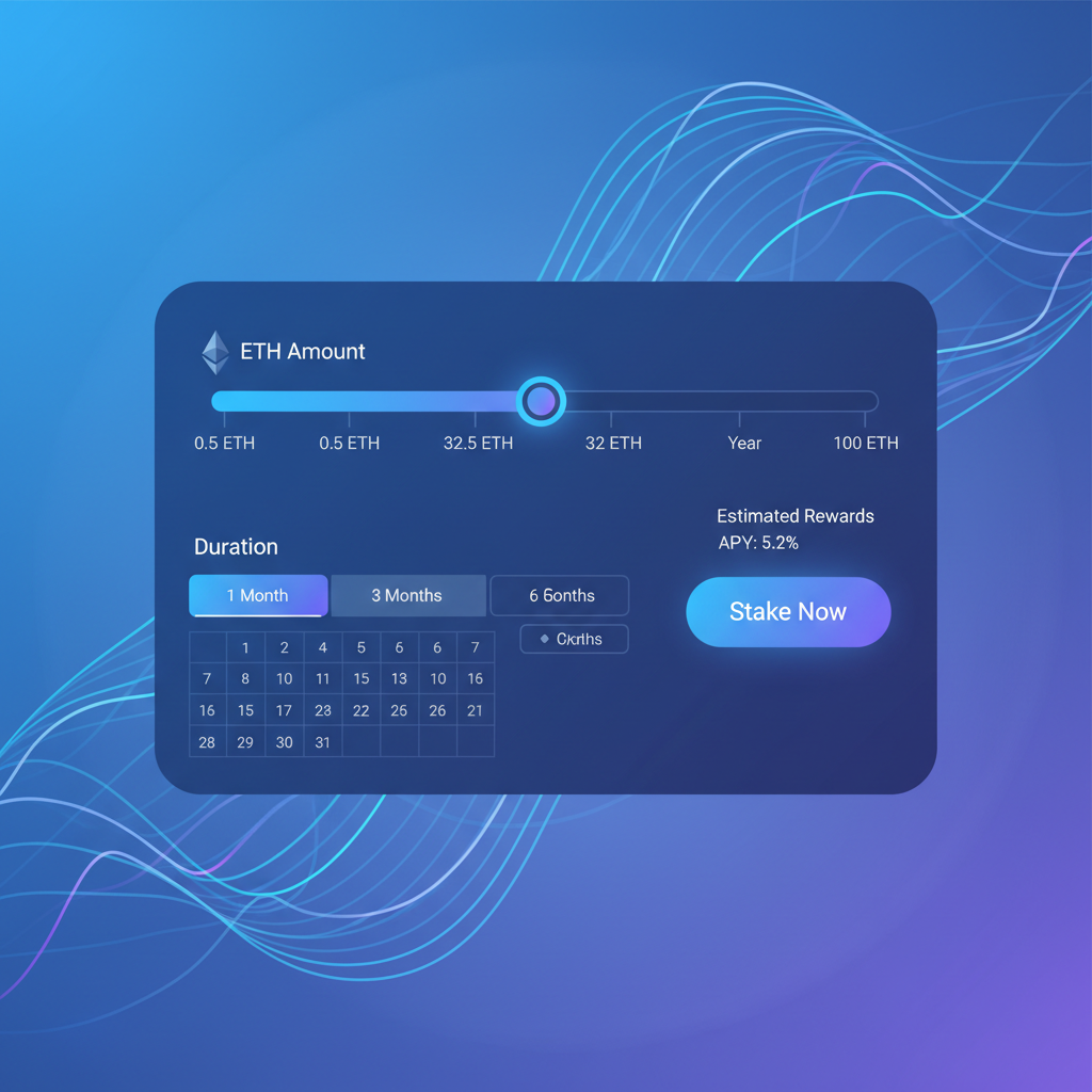 Sleek staking interface with ETH amount slider and calendar duration selector, glowing charts