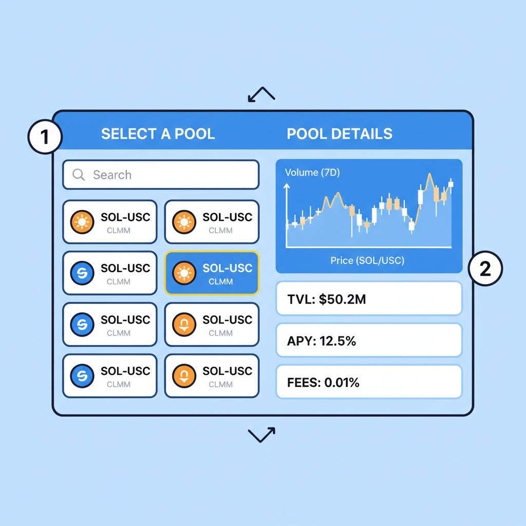 Raydium CLMM pool selector with SOL-USDC highlighted, charts and stats visible