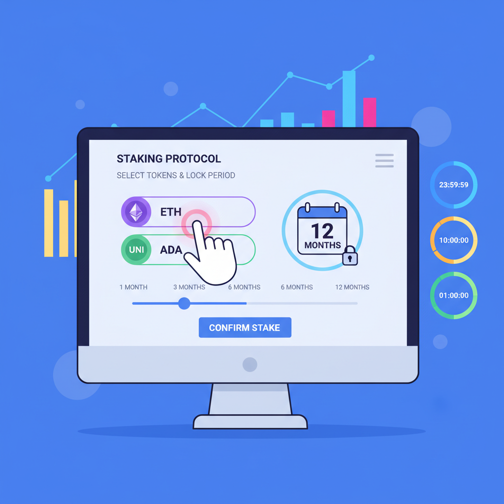 user selecting crypto tokens and calendar lock period on DeFi staking UI, vibrant charts and timers