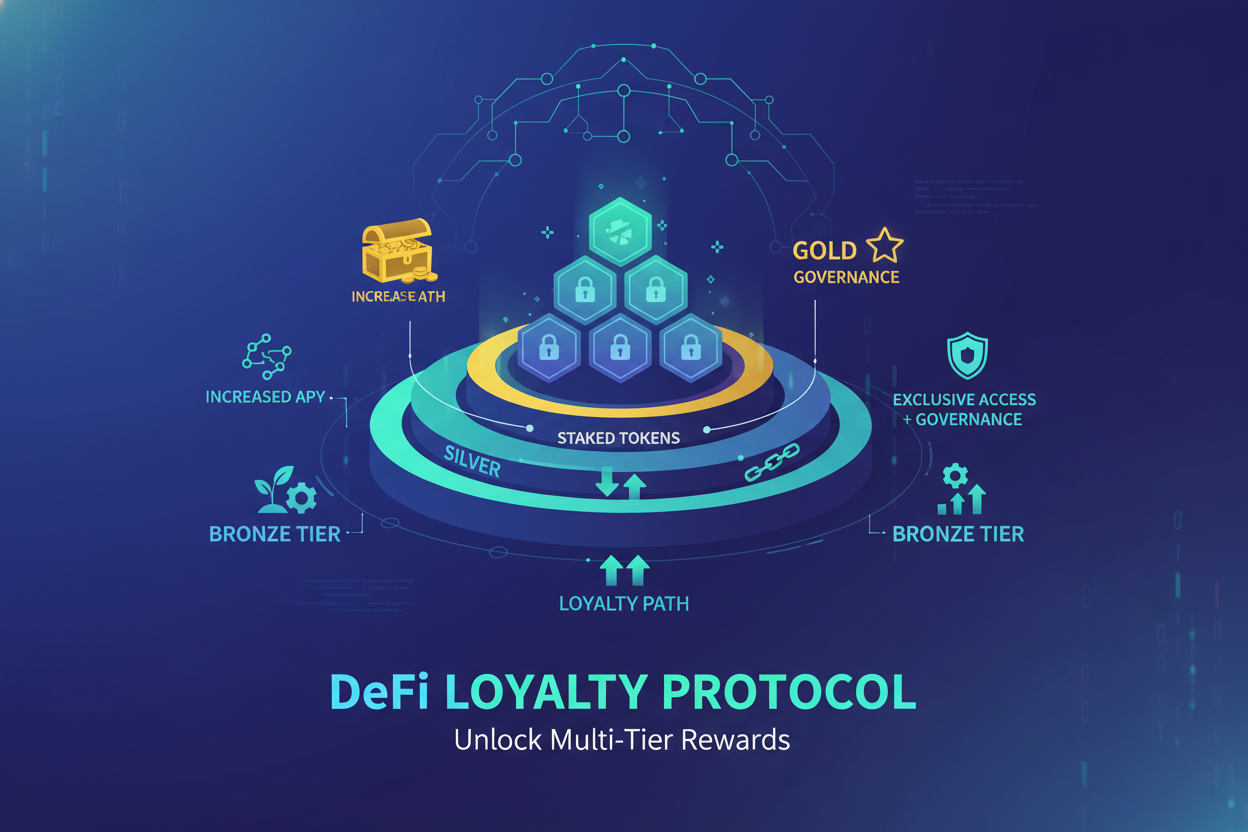 Illustration of users staking cryptocurrency tokens in a DeFi loyalty program, unlocking multi-tier rewards and maximizing on-chain yields for project supporters