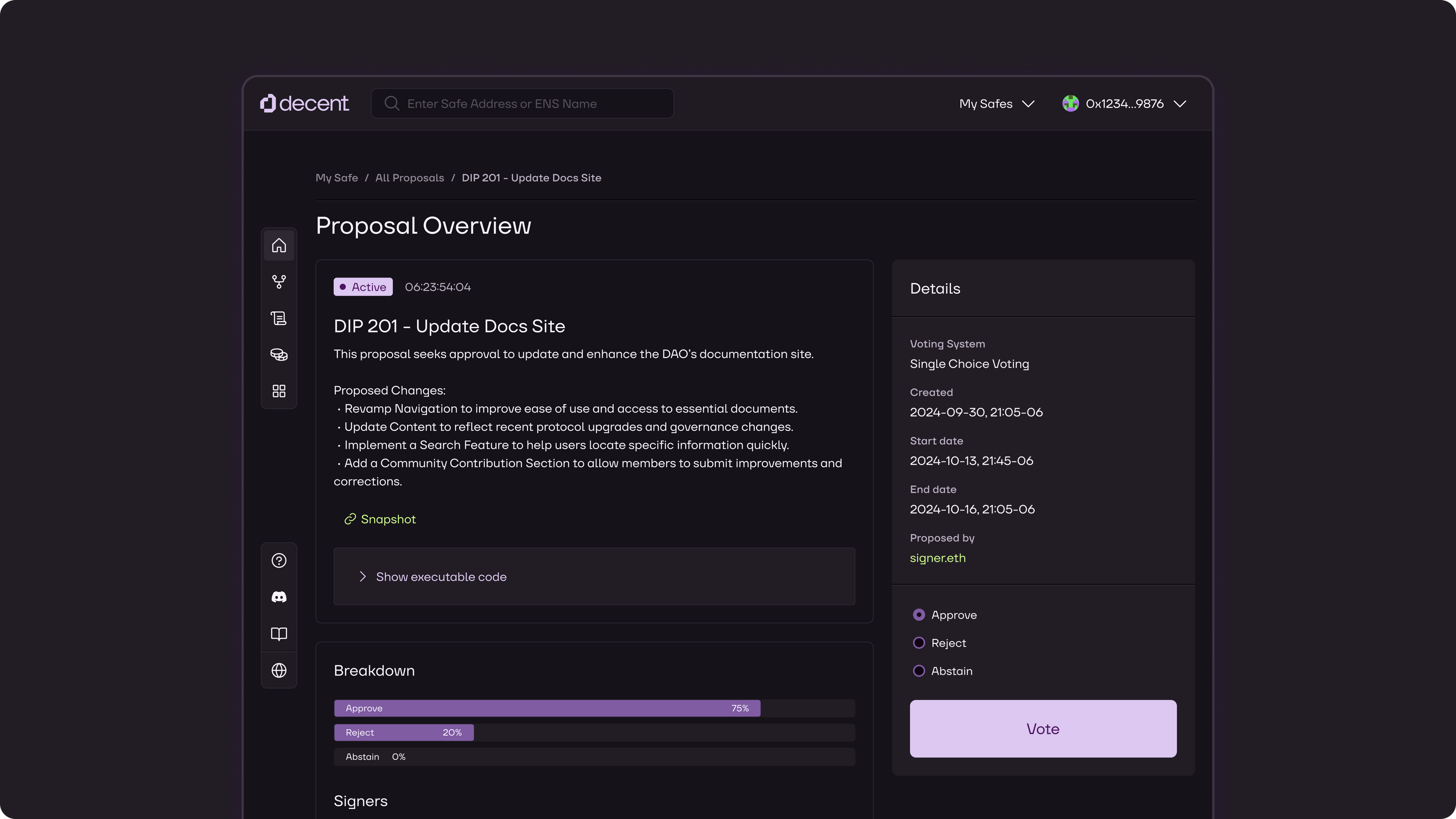DeFi governance voting interface