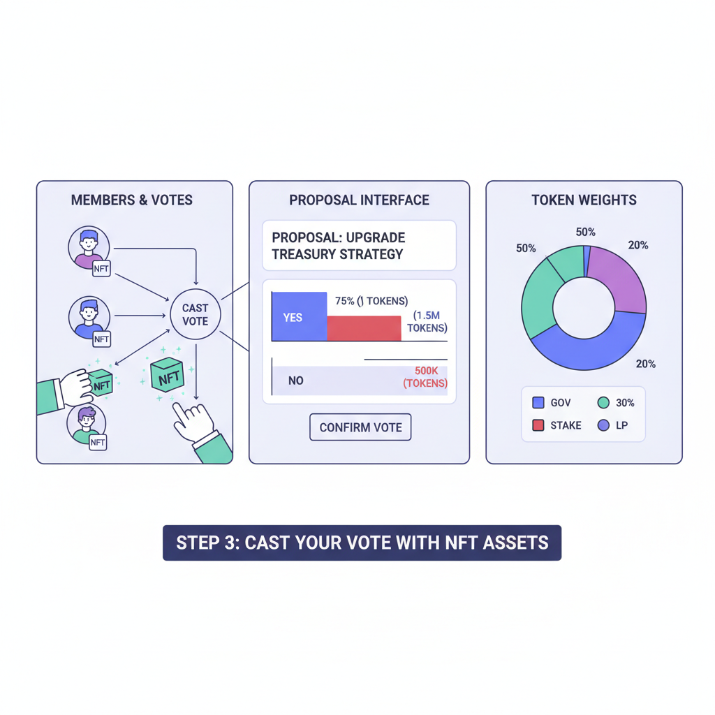 DAO governance voting dashboard, members casting votes with NFTs, proposal interface with token weights