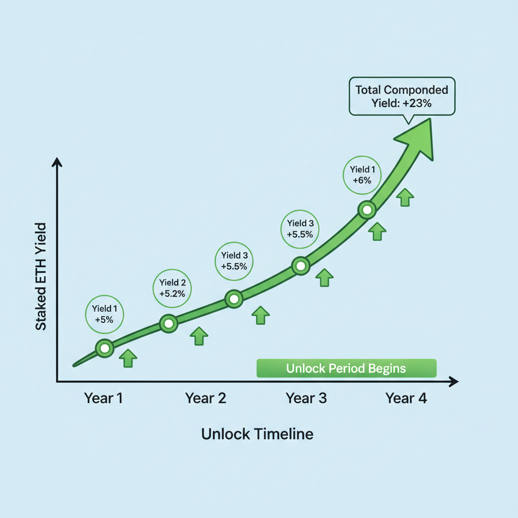 Dynamic chart of compounding ETH staking yields with unlock timeline, upward green arrows