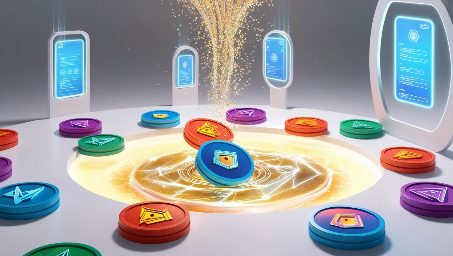 NFT holders earning passive income through on-chain loyalty staking, illustrated by digital wallets, NFT art, and reward tokens