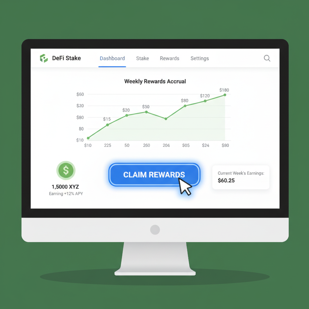 staking dashboard showing weekly rewards accrual graph, claim button highlighted