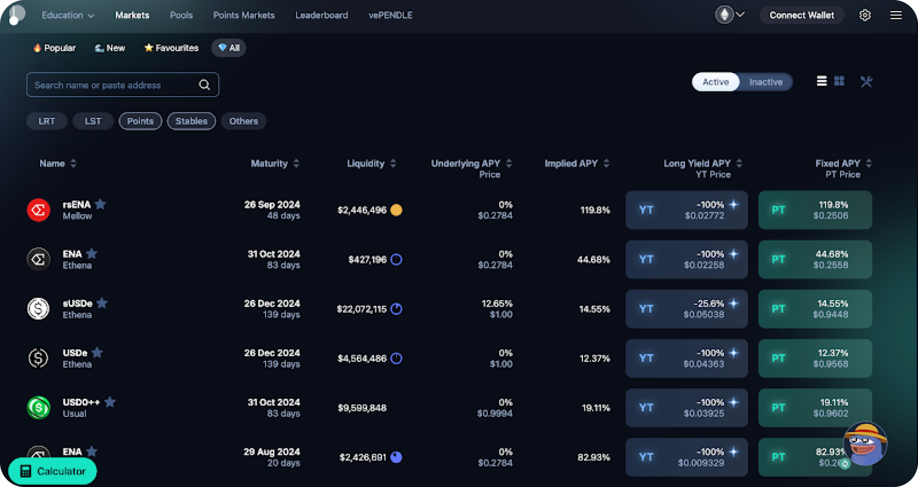 Pendle fixed yield markets interface