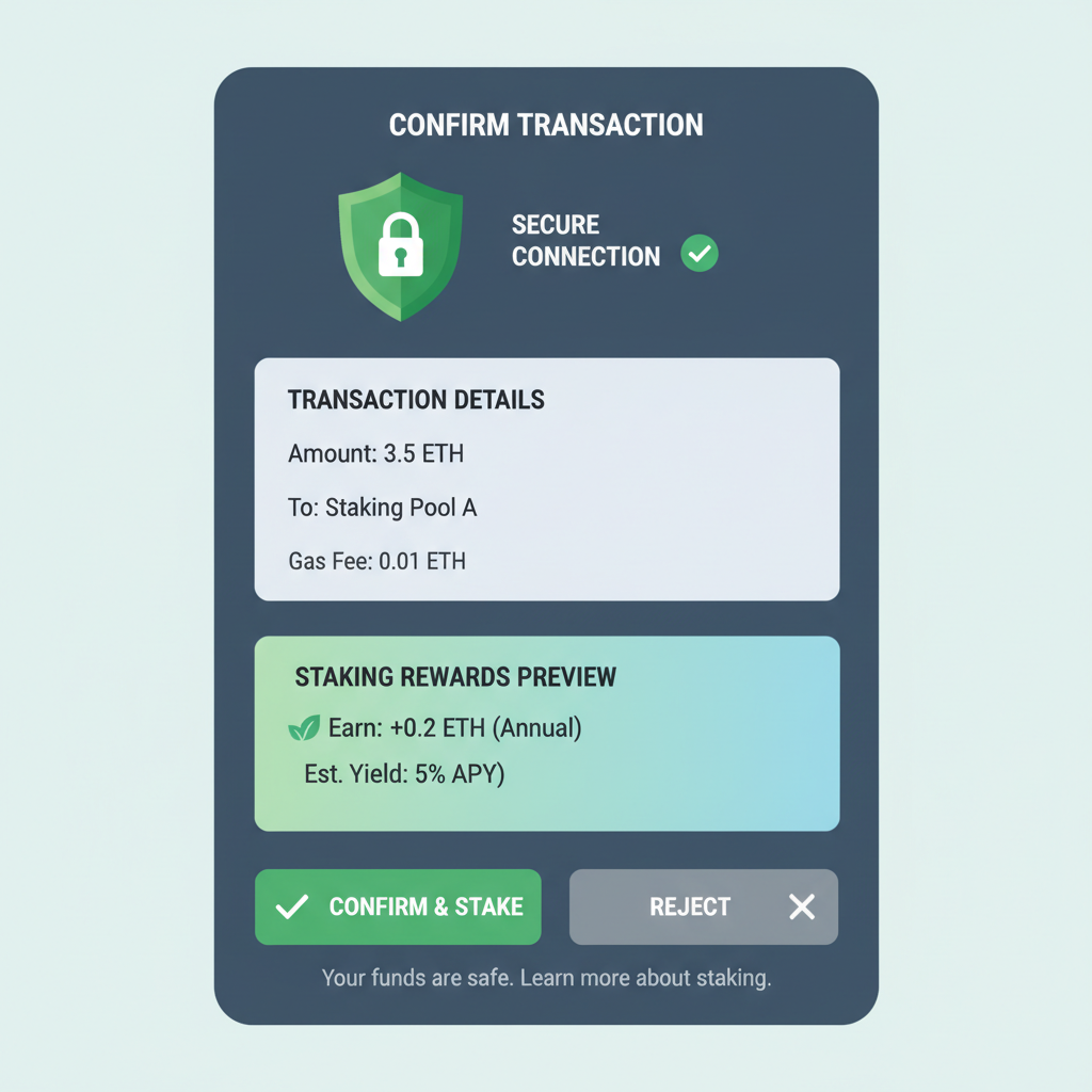 Ethereum transaction confirmation screen with staking rewards preview, secure lock icon