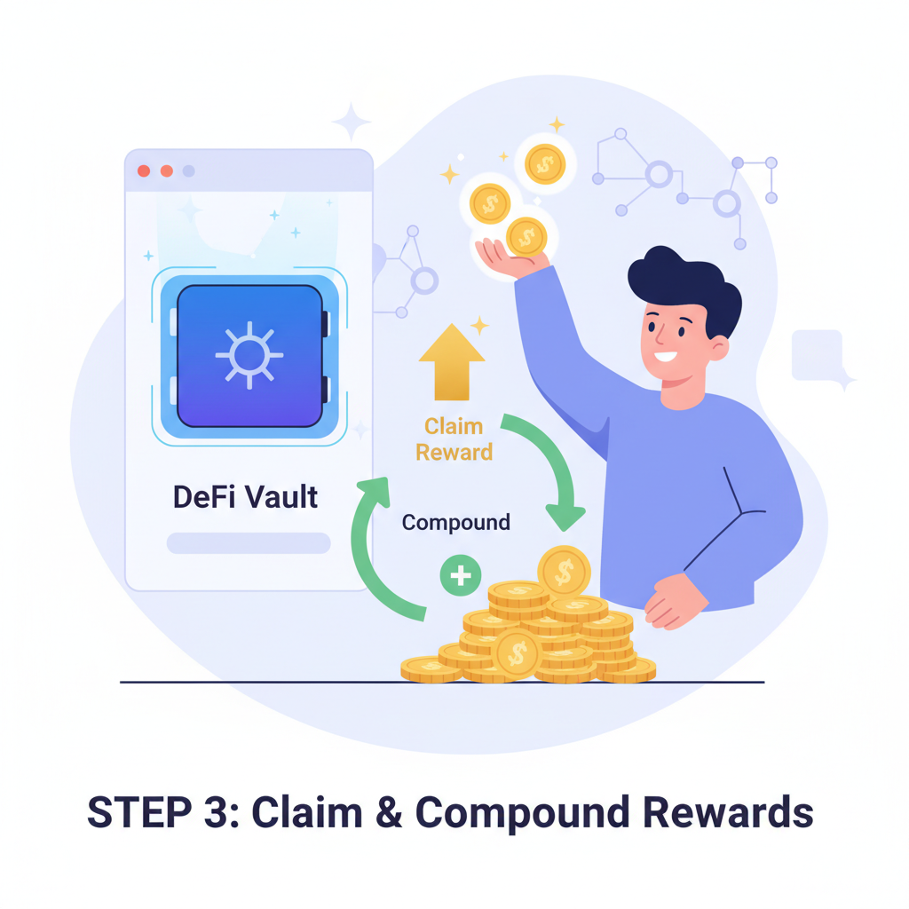 claiming sparkling reward tokens from DeFi vault, compounding arrows looping, triumphant crypto investor scene