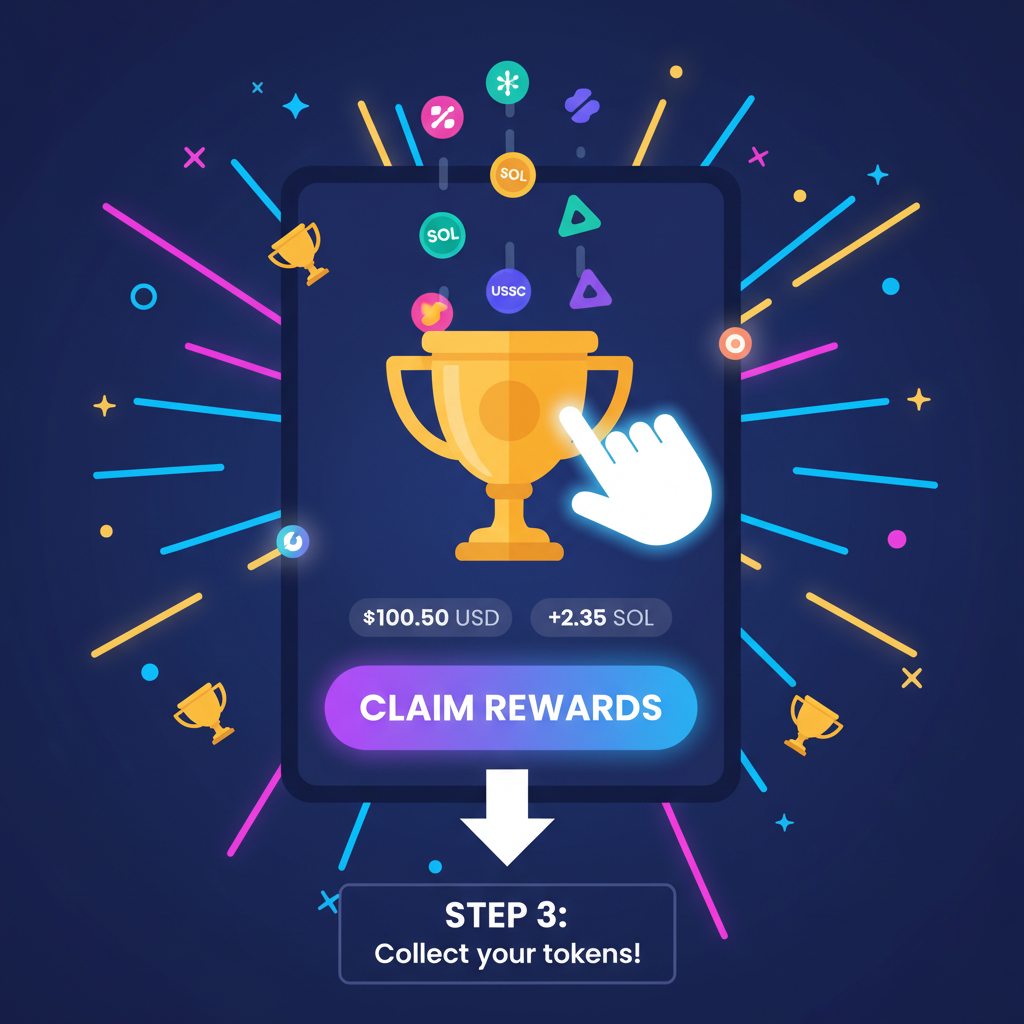 Claiming rewards on SolanaHub, tokens raining down, trophy icons, celebratory neon lights